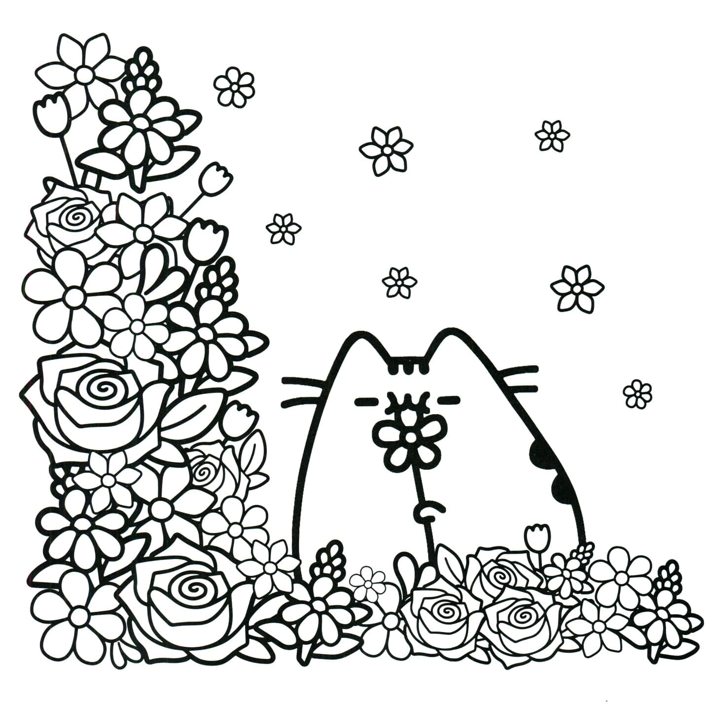 Kolorowanka kotka Pusheen zbierająca kwiaty